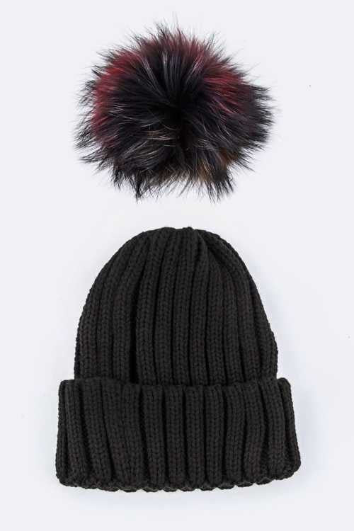 1 Mix Color Raccoon Fur Pom Pom Beanie