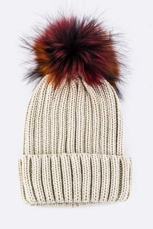 1 Mix Color Raccoon Fur Pom Pom Beanie