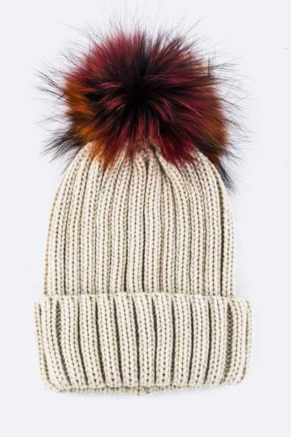 1 Mix Color Raccoon Fur Pom Pom Beanie