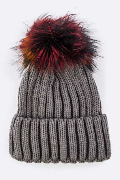 1 Mix Color Raccoon Fur Pom Pom Beanie