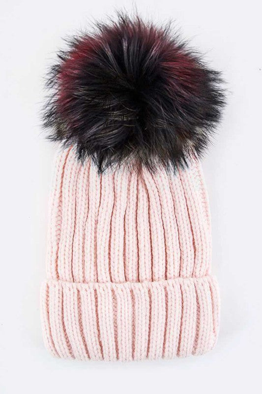 1 Mix Color Raccoon Fur Pom Pom Beanie