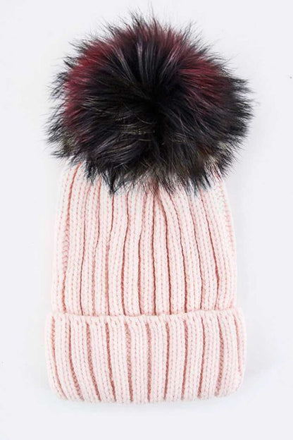 1 Mix Color Raccoon Fur Pom Pom Beanie