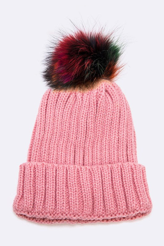Gorro con pompón de piel de mapache de varios colores
