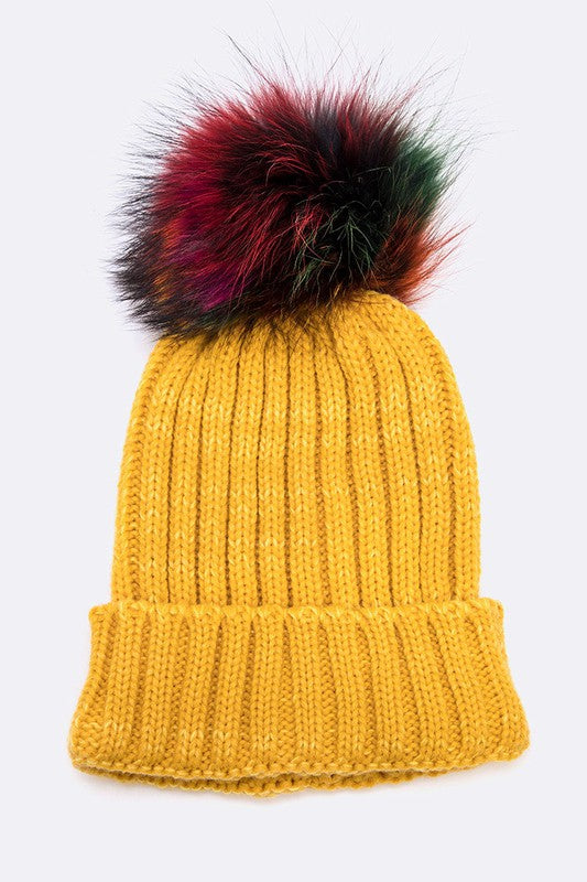 1 Mix Color Raccoon Fur Pom Pom Beanie