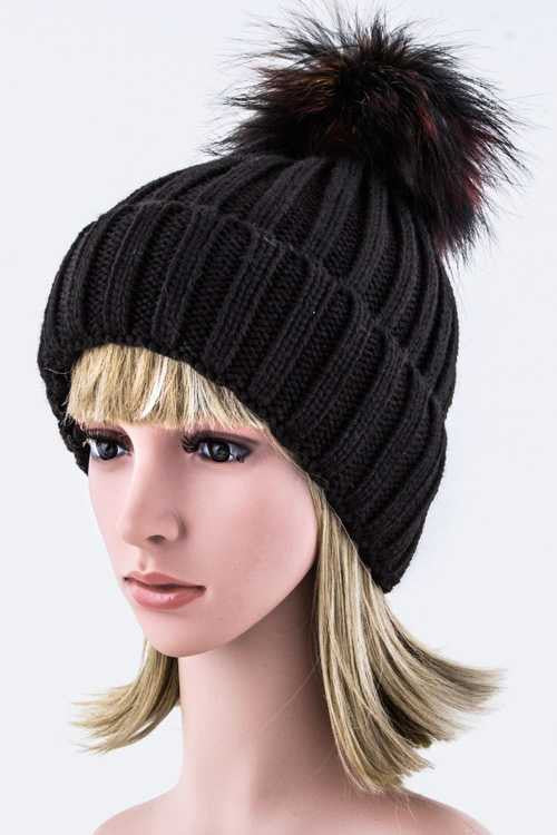 1 Mix Color Raccoon Fur Pom Pom Beanie
