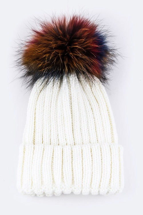 1 Mix Color Raccoon Fur Pom Pom Beanie
