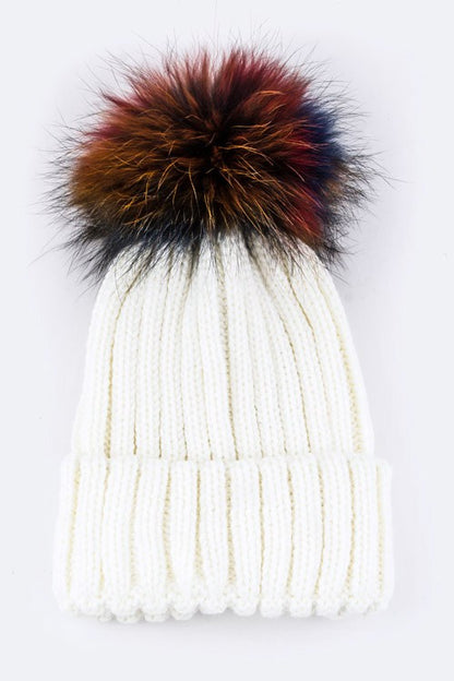 1 Mix Color Raccoon Fur Pom Pom Beanie