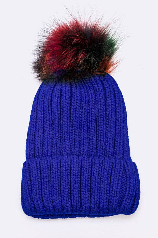 1 Mix Color Raccoon Fur Pom Pom Beanie