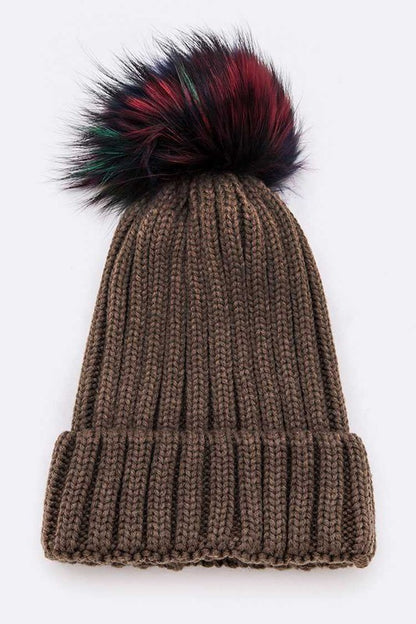 1 Mix Color Raccoon Fur Pom Pom Beanie