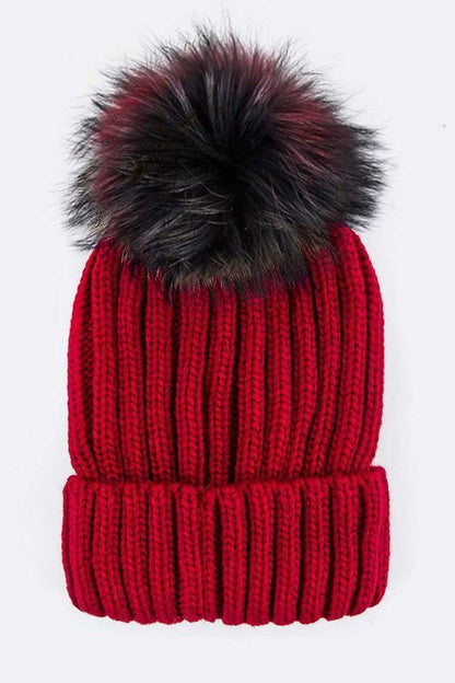 1 Mix Color Raccoon Fur Pom Pom Beanie