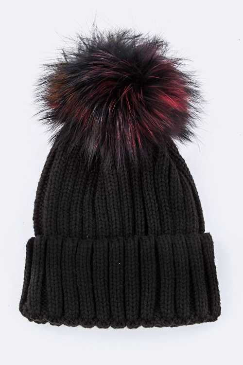 1 Mix Color Raccoon Fur Pom Pom Beanie