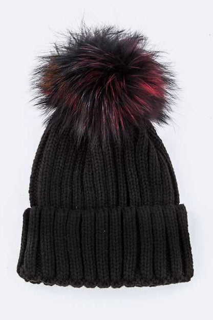 1 Mix Color Raccoon Fur Pom Pom Beanie