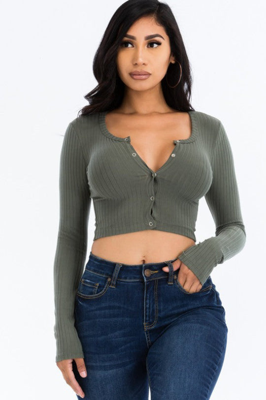 Long Sleeve Snap Button Down Crop Top