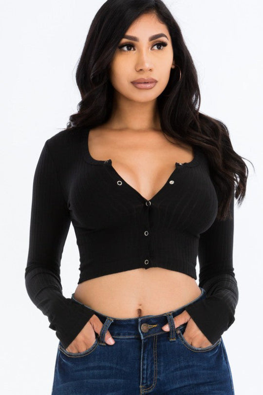 Long Sleeve Snap Button Down Crop Top