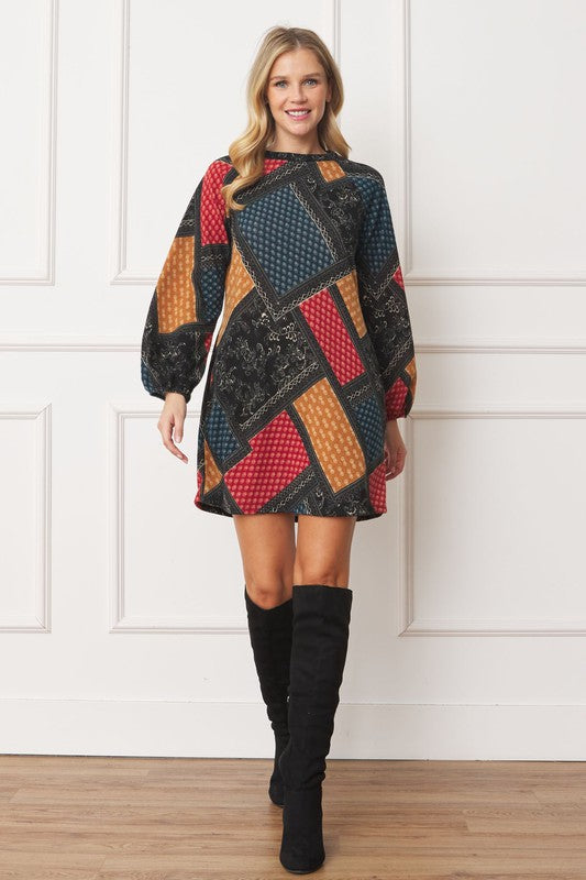 Vestido mini con mangas de obispo y múltiples parches para mujer