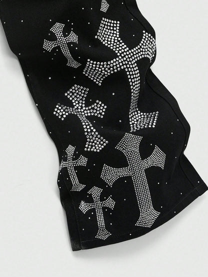 Men's Rebel Cross Rhinestone Loose Jeans