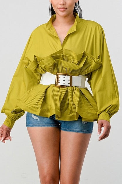 Pleated Belt Waist Ruffle Sleeve Blouse