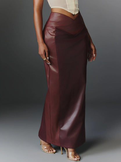 Vesper Merlot Faux Leather Maxi Skirt