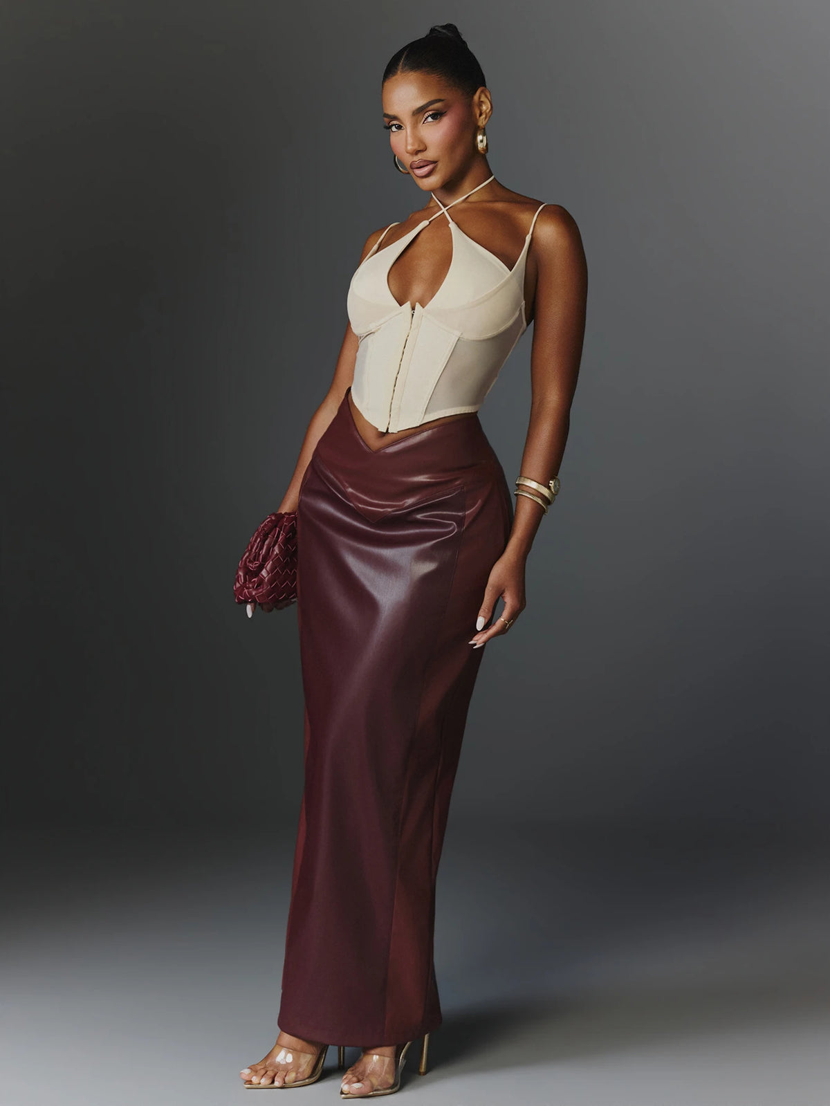 Vesper Merlot Faux Leather Maxi Skirt