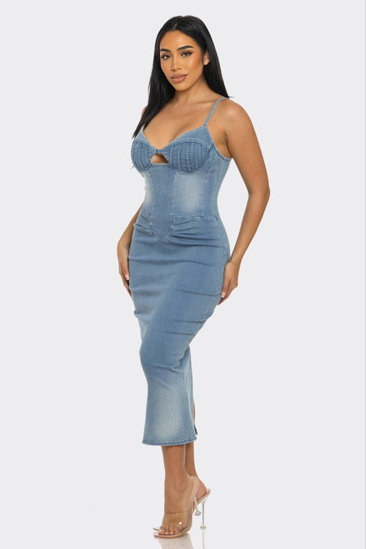 Casual Light Washed Denim Midi Dress