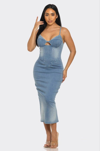 Casual Light Washed Denim Midi Dress