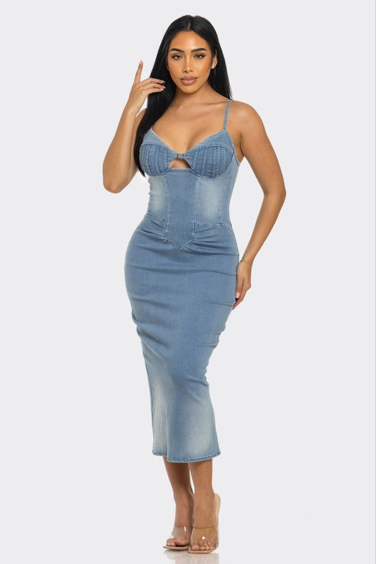 Casual Light Washed Denim Midi Dress