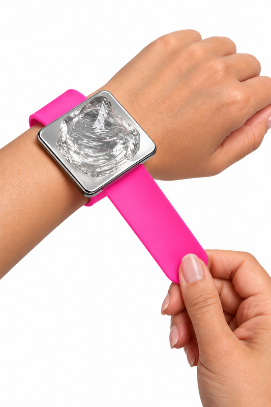 A close-up of a wrist wearing a bright pink silicone strap hairstyling wristband with a square metallic stainless steel plate with hair gel on it.