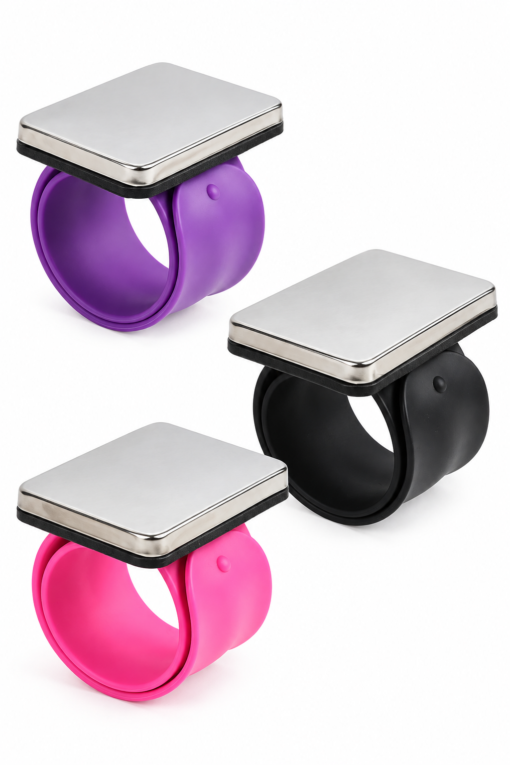 Three ring-shaped accessories with square metallic tops, shown in purple, black, and pink on a white background.