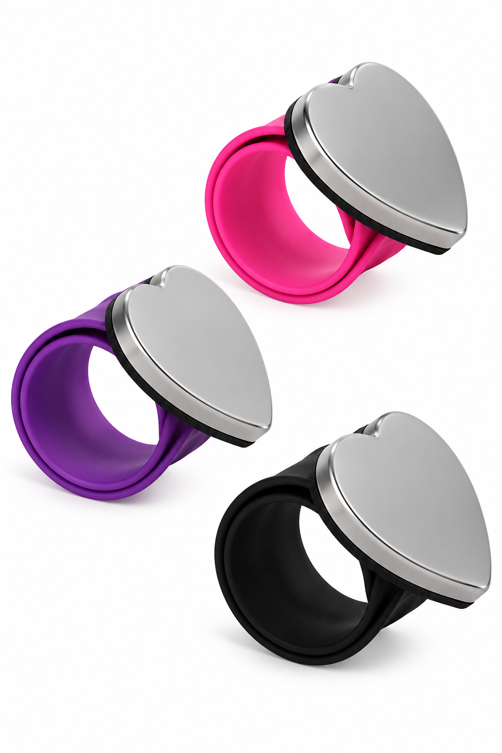 Three silicone ring-shaped accessories with metallic silver heart-shaped tops, shown in purple, pink, and black on a white background.