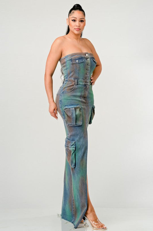 Monarch Strapless Denim Maxi Dress