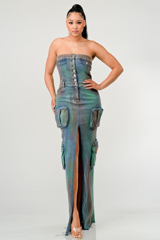 Monarch Strapless Denim Maxi Dress