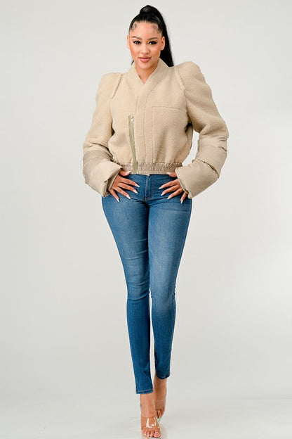 1 Plush Puff Sleeve Bomber Jacket