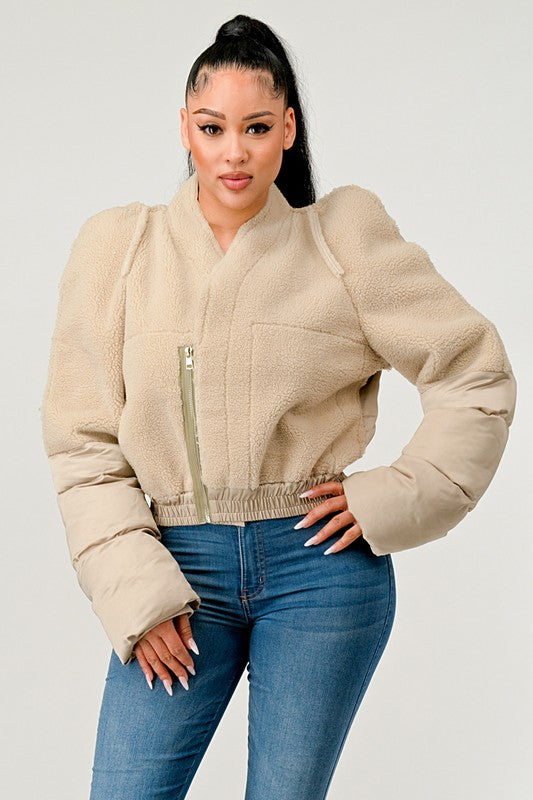 1 Plush Puff Sleeve Bomber Jacket