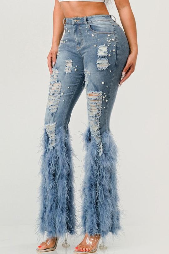 Feather Detail Pearl Embellished Jeans