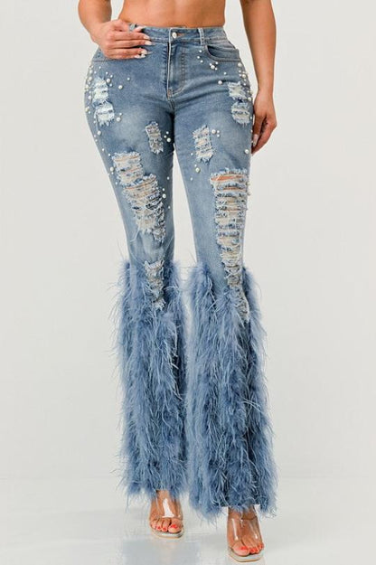 Feather Detail Pearl Embellished Jeans