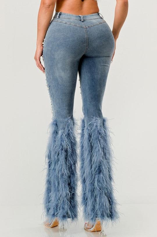 Feather Detail Pearl Embellished Jeans