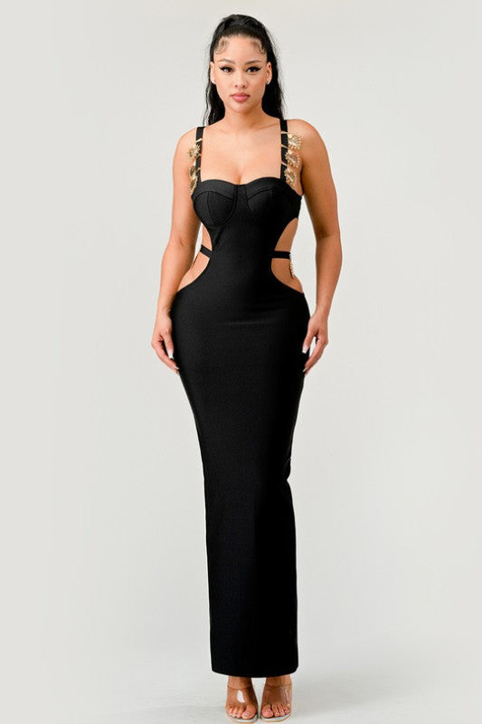 Vestido vendaje con aberturas y corazones dorados de Athina