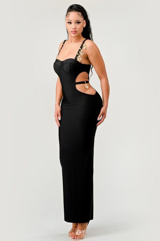 Vestido vendaje con aberturas y corazones dorados de Athina