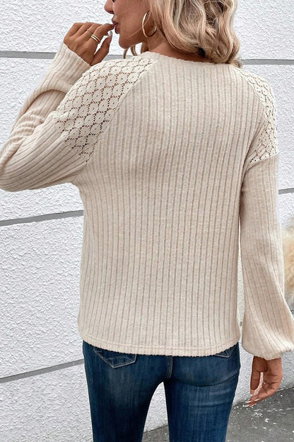 Lace Raglan Sleeve Buttoned Ribbed Sweater