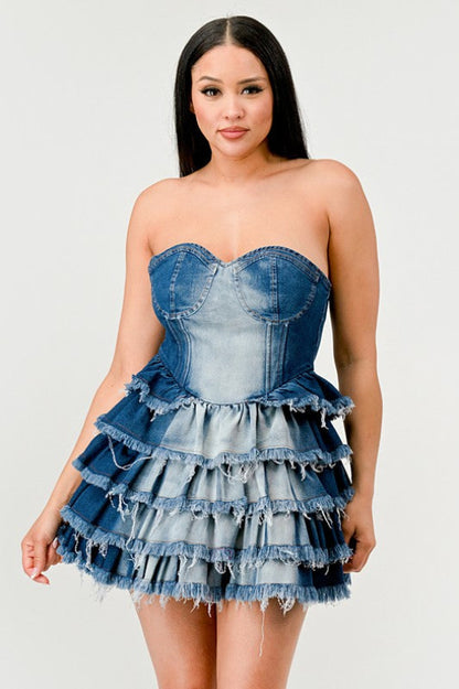 Delightful Five Tiered Ruffle Denim Dress