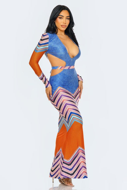 Geometric Print Plunge Neckline Maxi Dress
