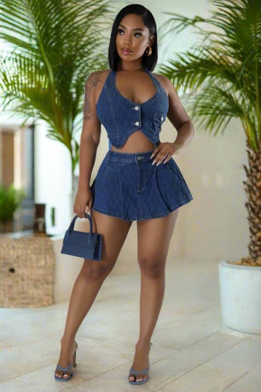 Women's Halter Chic Denim Skort Set