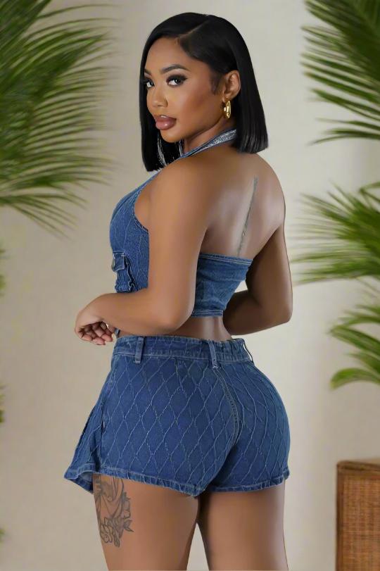 Women's Halter Chic Denim Skort Set