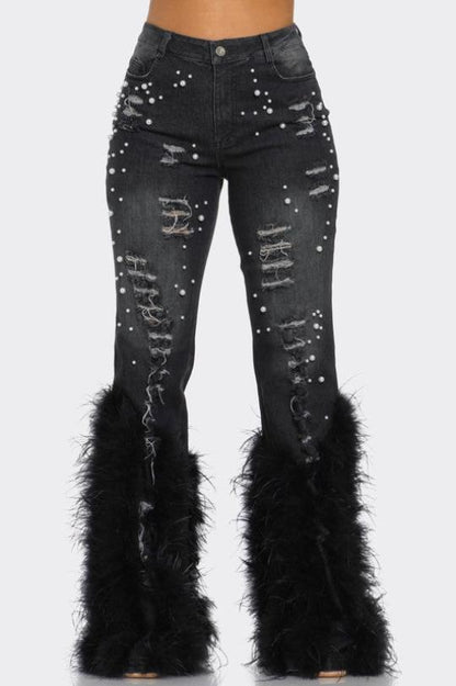 Feather Detail Pearl Embellished Jeans