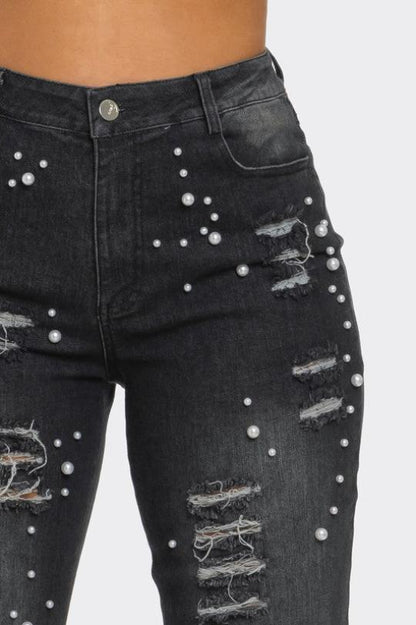 Feather Detail Pearl Embellished Jeans