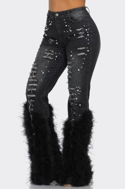 Feather Detail Pearl Embellished Jeans