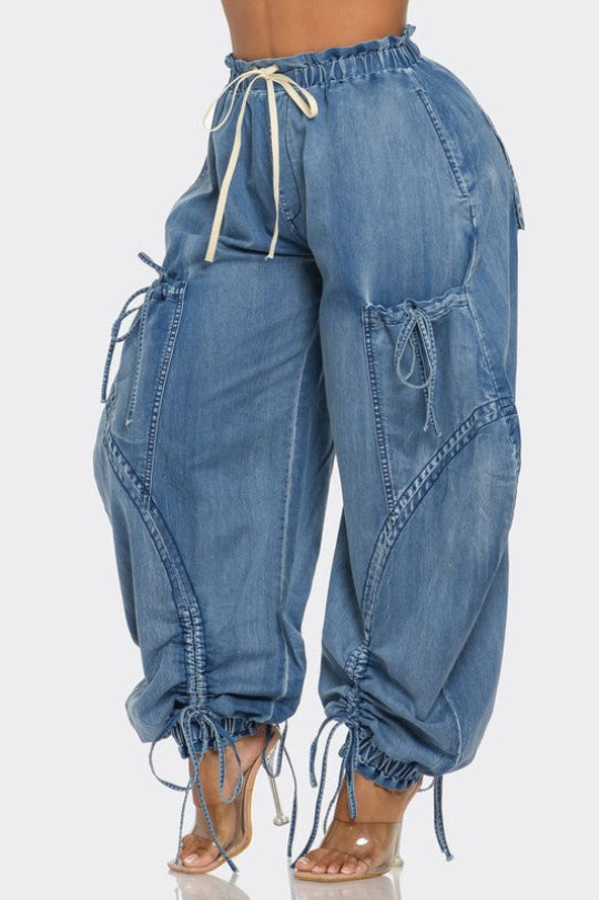 Plus Size Urban Chic Drawstring Denim Cargo Pants