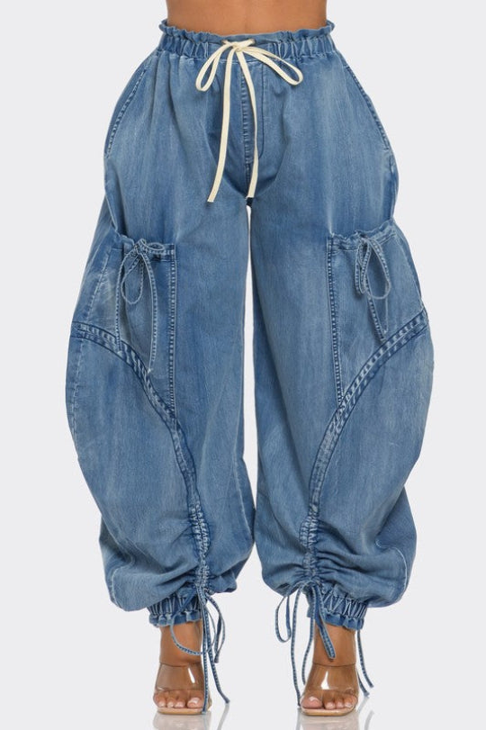 Plus Size Urban Chic Drawstring Denim Cargo Pants