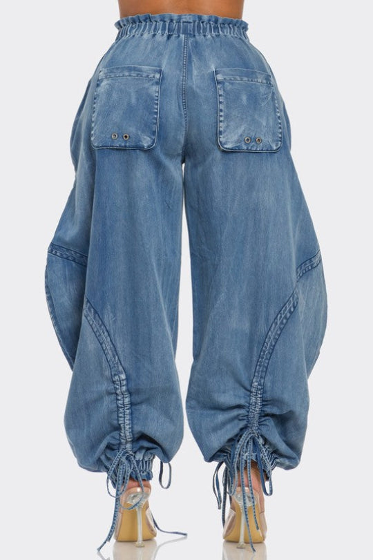 Plus Size Urban Chic Drawstring Denim Cargo Pants