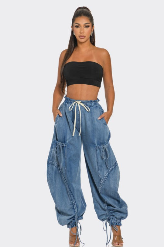 Plus Size Urban Chic Drawstring Denim Cargo Pants